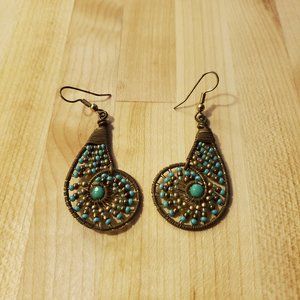 Brass & Teal Beaded Paisley Earrings
